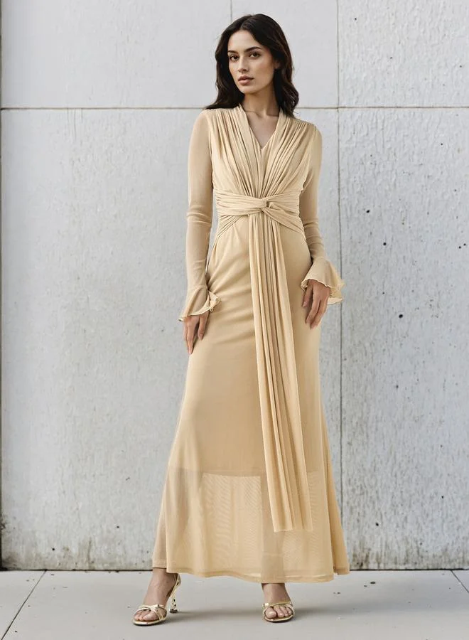 2Xtremz Lurex Accent 2Xtremz Maxi Nylon Blend Dress with Bell Sleeves